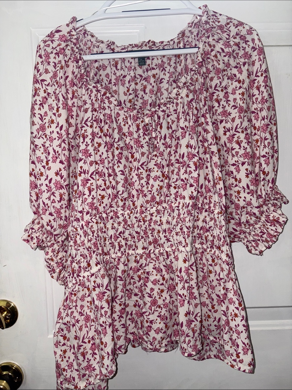 Floral Smocked Waist Women’s Blouse in Pink and Cream